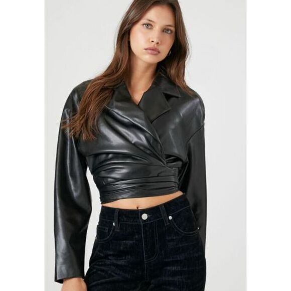 Forever 21 Faux Leather Wrap Moto Jacket black Size Medium Nwot - Picture 1 of 9